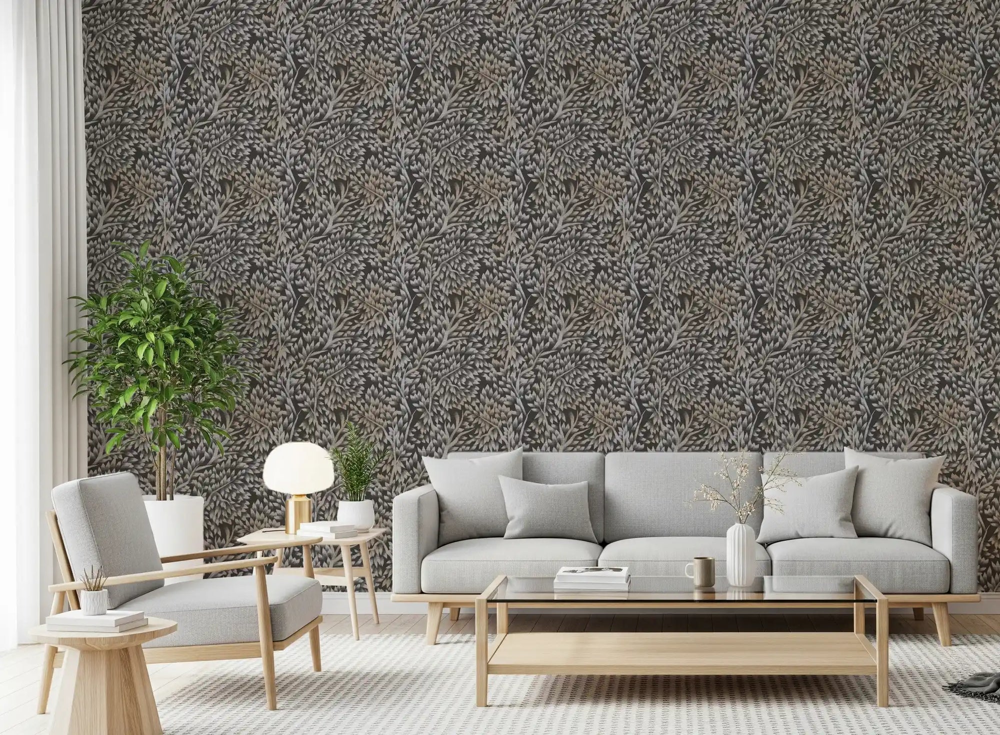 Classical Woodland Foliage wallpaper filling an airy living room GD10980
