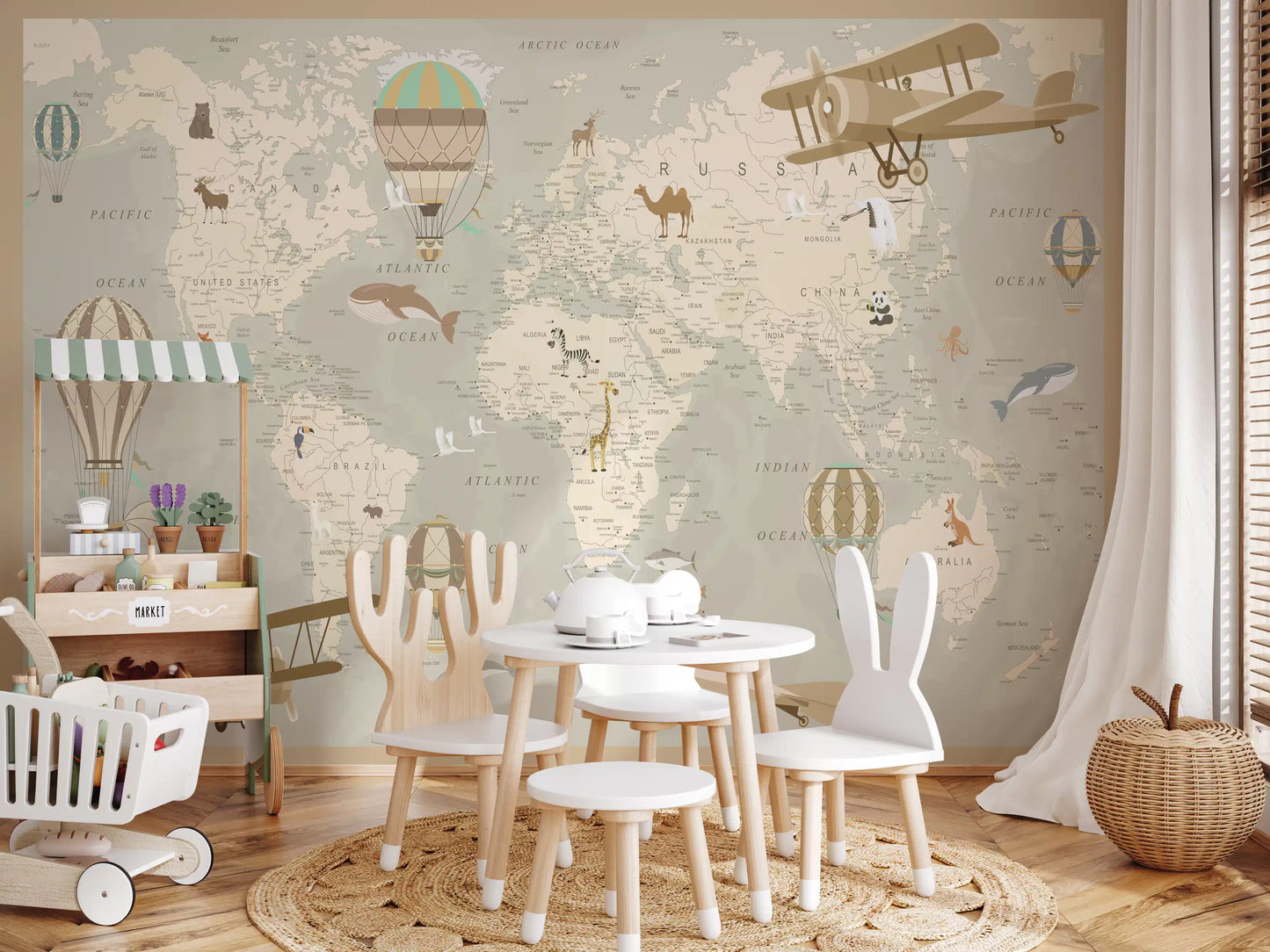 Antique Style Animal Cartography and Airships Wall Mural