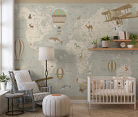 Antique Style Animal Cartography and Airships Wall Mural