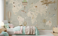 Antique Style Animal Cartography and Airships Wall Mural