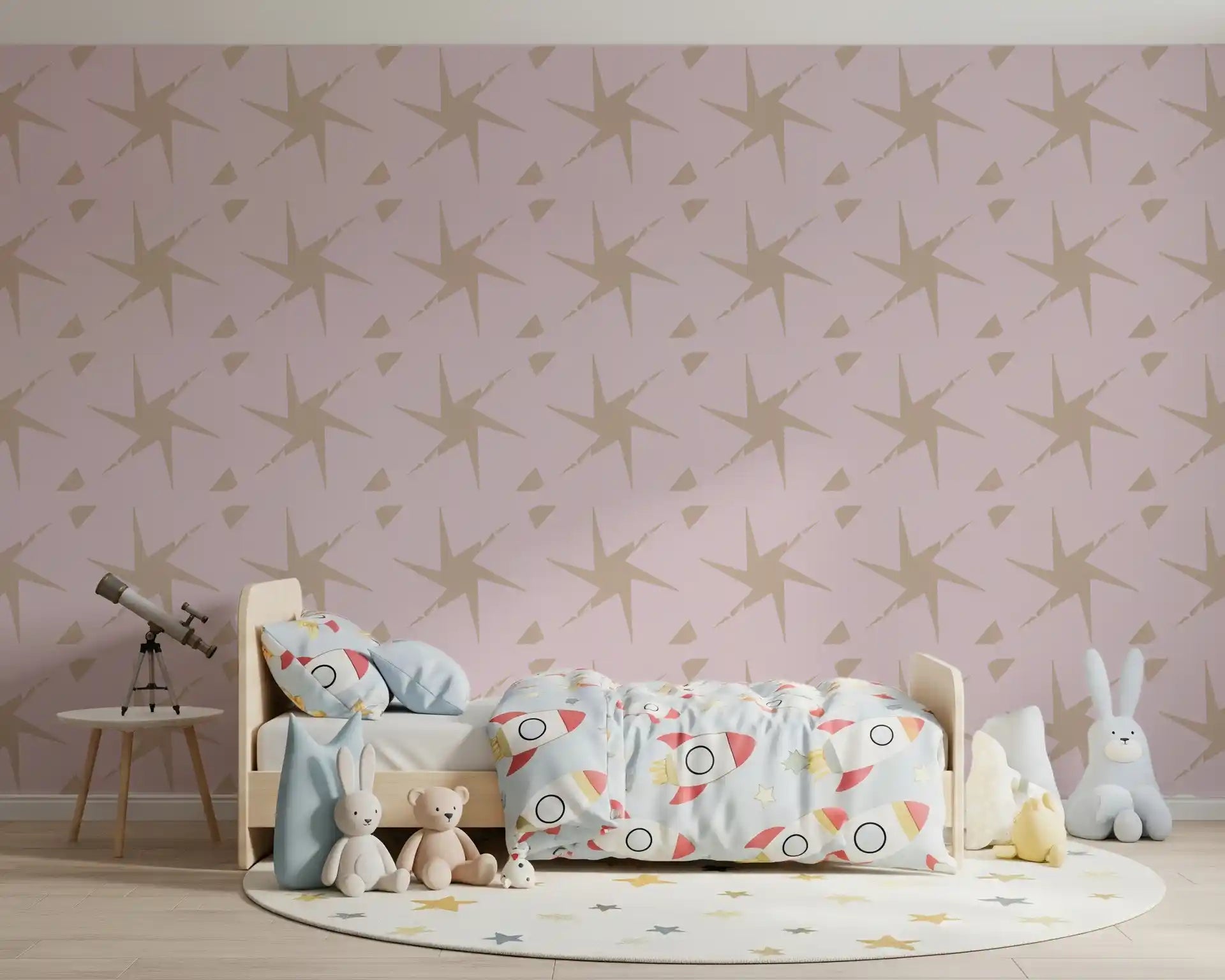Retro Starburst wallpaper filling a kids' room with tan geometric stars, GD10989
