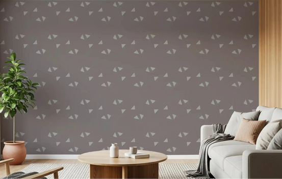 Scandi Minimalist Triangles wallpaper calms a living room in muted mauve, GD10990
