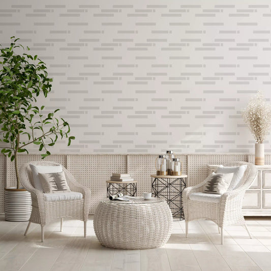 Greige blocks stacked across a dining room on Stripe wallpaper, GD10994
