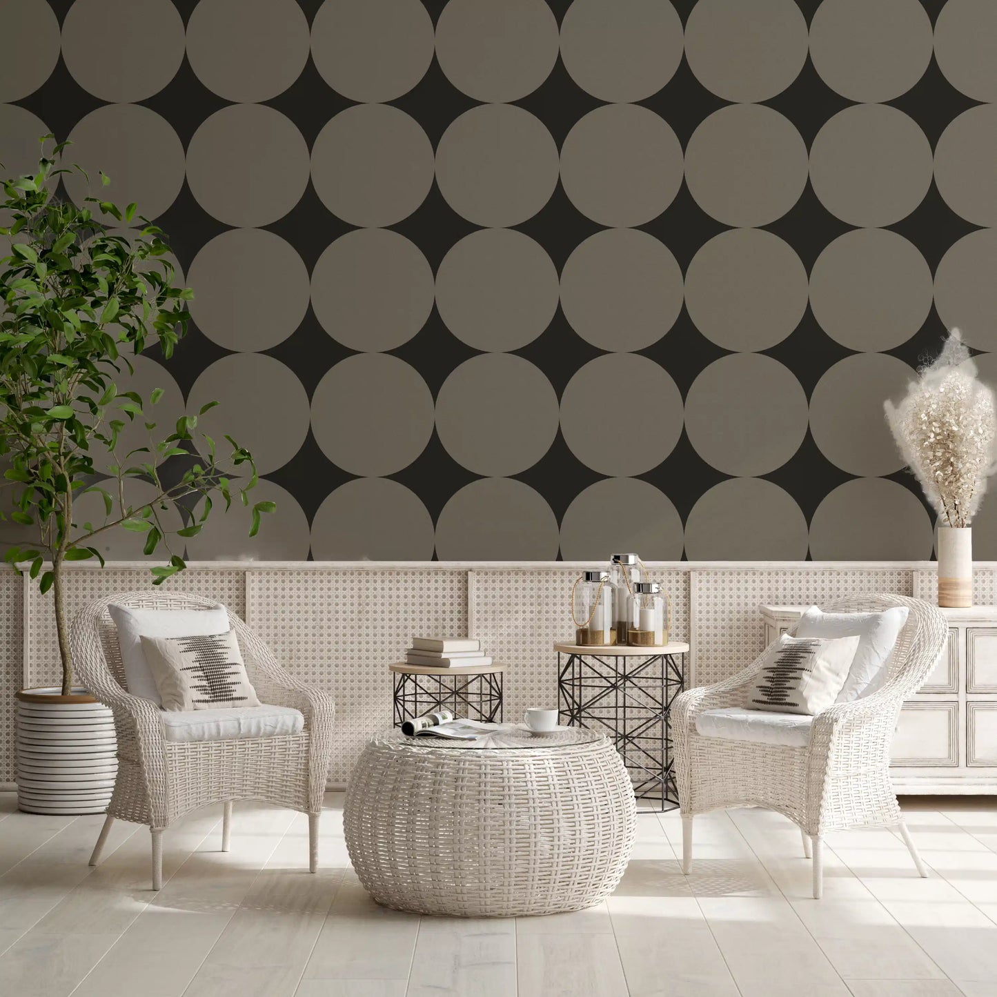 Symmetric Mid-Century Arcs and Stars Wallpaper⁠