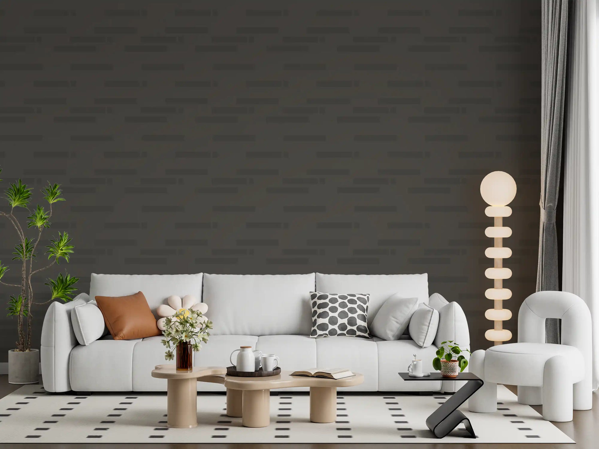 Brutalist grey grid wallpaper spanning a modern living room backdrop, GD10997
