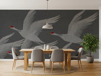 Oriental Crane Flight in Slate and Gold Wall Mural