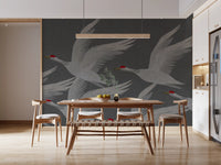 Oriental Crane Flight in Slate and Gold Wall Mural