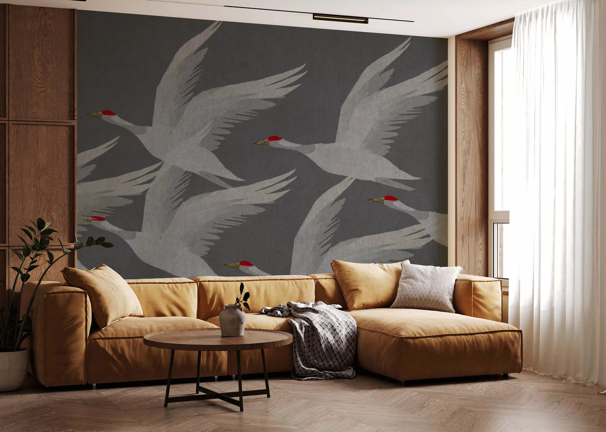Oriental crane flight wall mural spread over a living room feature area, GD11005