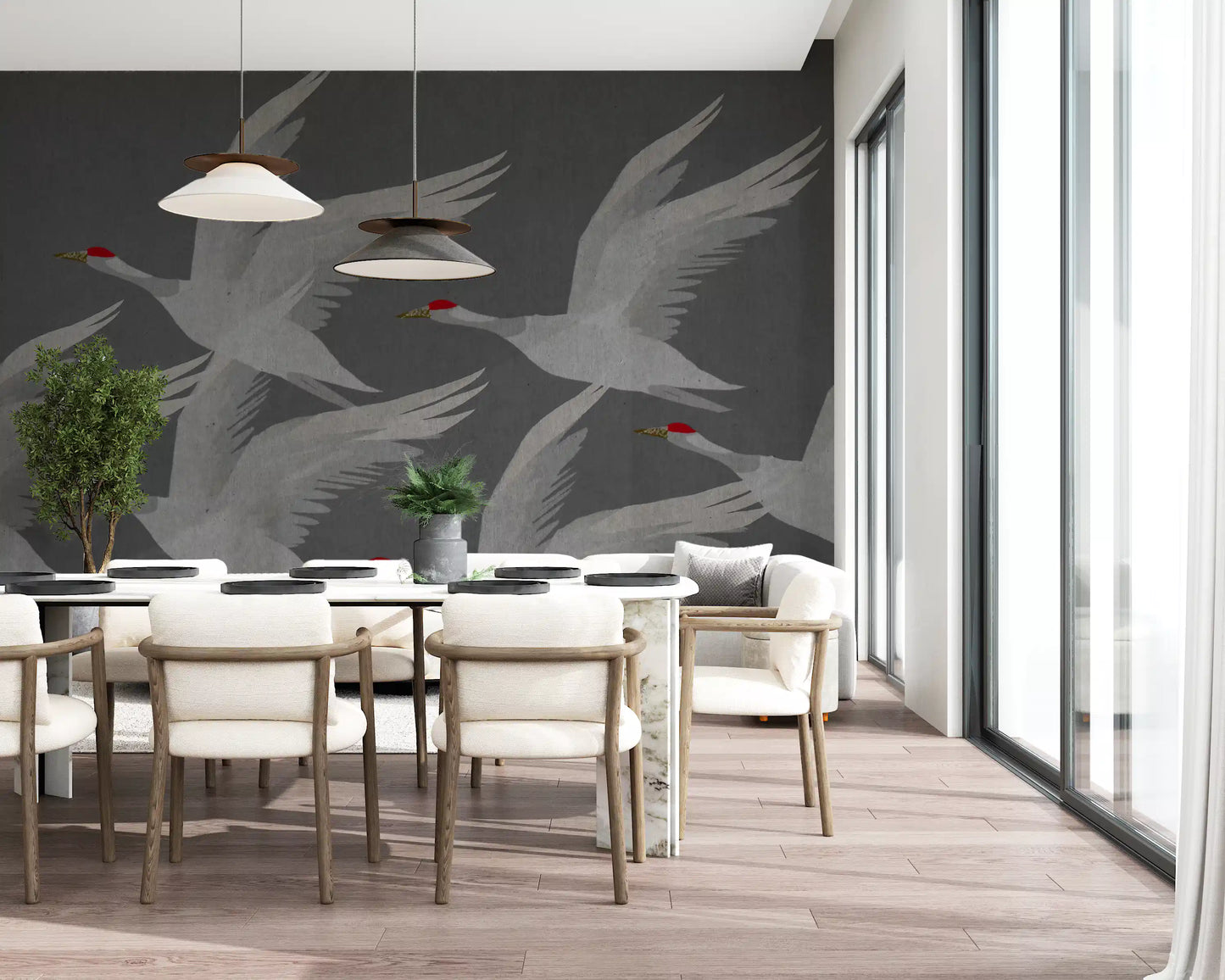 Oriental Crane Flight in Slate and Gold Wall Mural