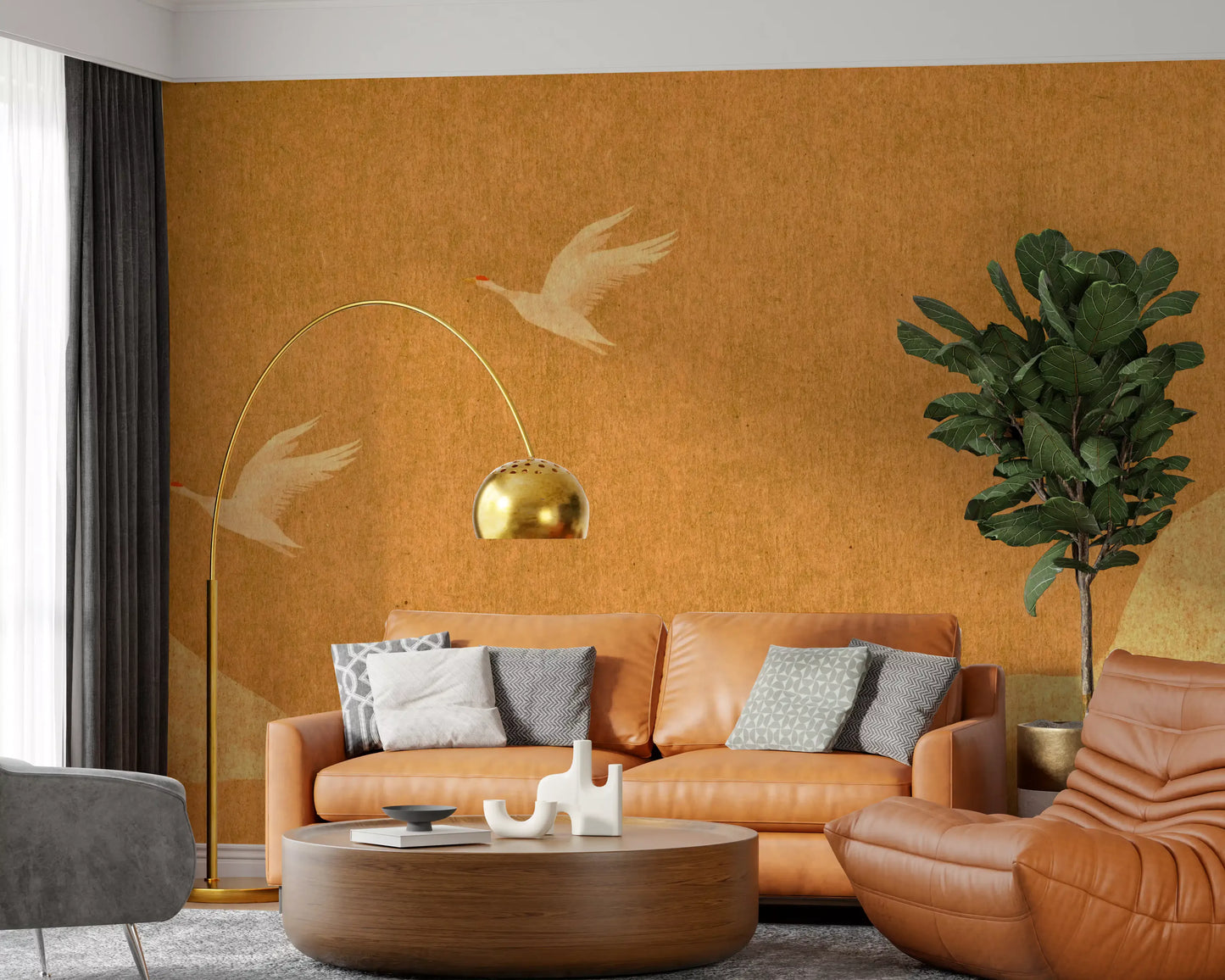 Celestial Golden Cranes over Serene Hills Wall Mural