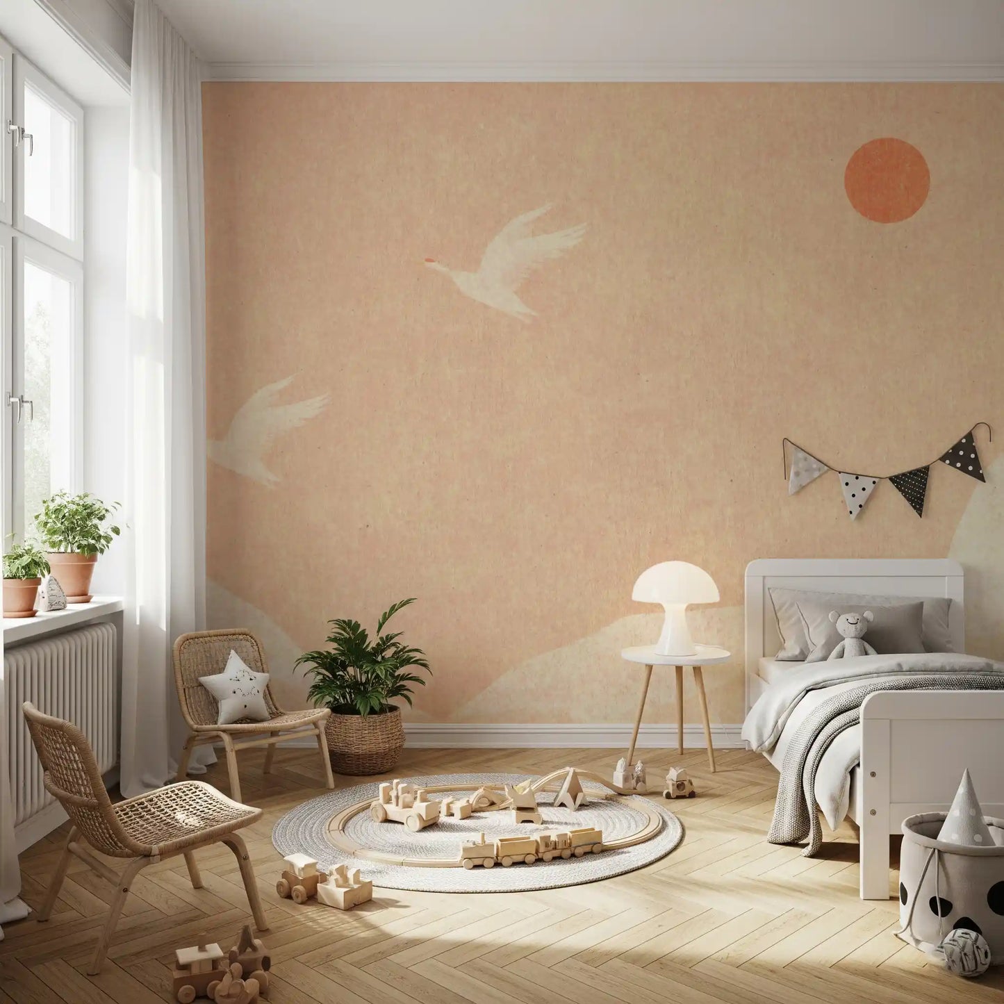 Minimalist Japanese Cranes at Sunset Wall Mural