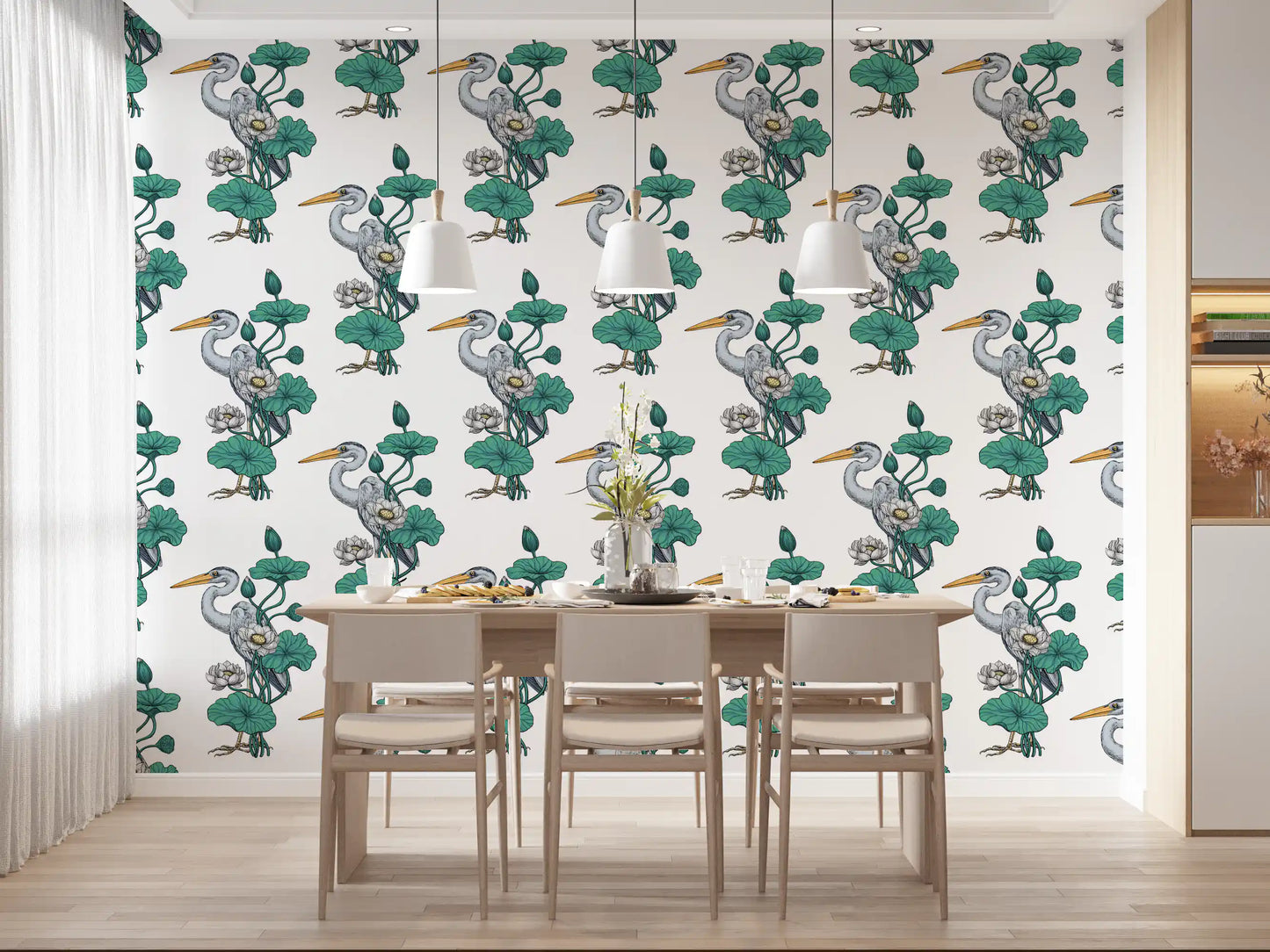 Heron in the White Lotus Garden on white Wallpaper⁠