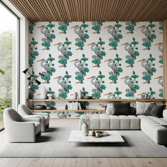 Heron in the White Lotus Garden on white Wallpaper⁠