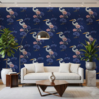 Heron in the Pink Lotus Garden on delpht blue Wallpaper⁠