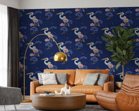Heron in the Pink Lotus Garden on delpht blue Wallpaper⁠
