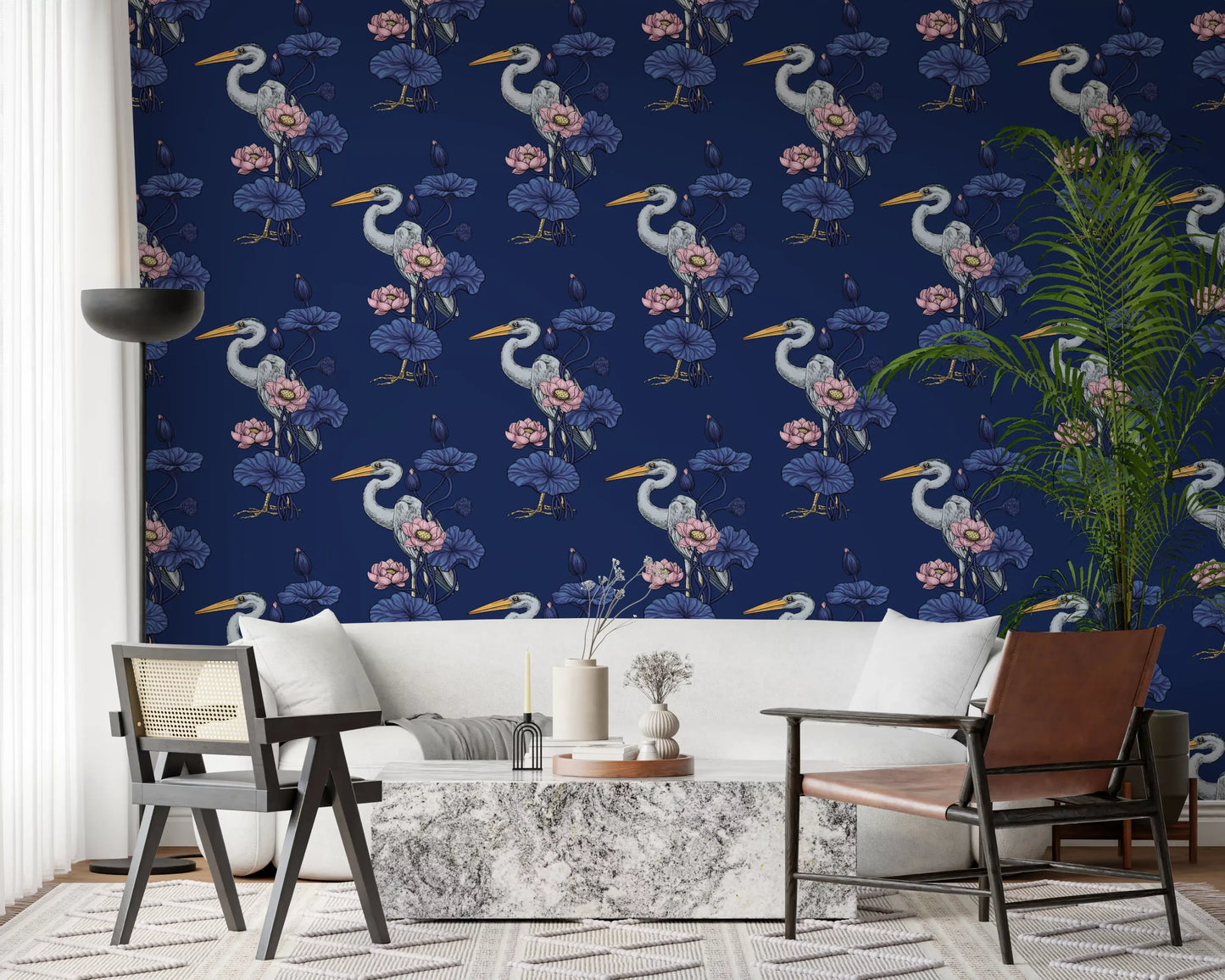 Heron in the Pink Lotus Garden on delpht blue Wallpaper⁠