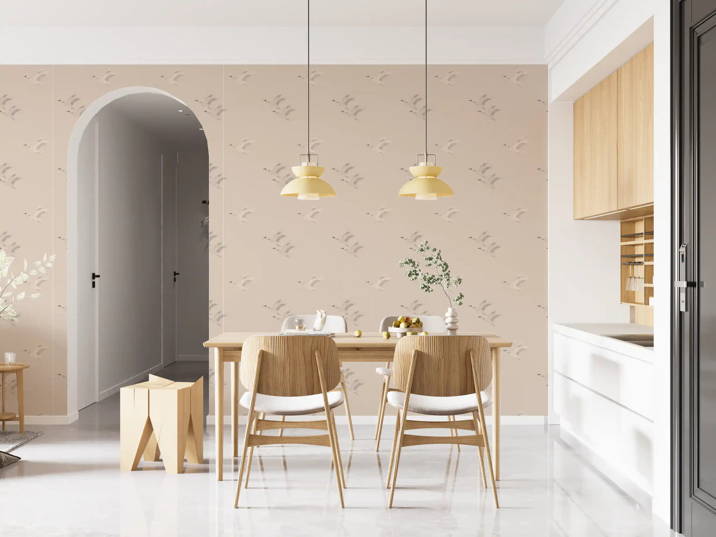 Serene Winged Flight Soft Ochre Pattern Wallpaper⁠