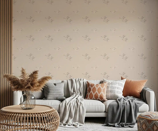 Ochre bird pattern wallpaper filling a calm living room, GD11012
