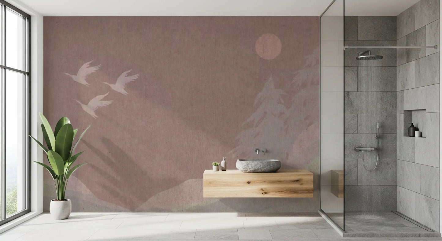 Minimalist Japanese Cranes in Blush Mauve Wall Mural