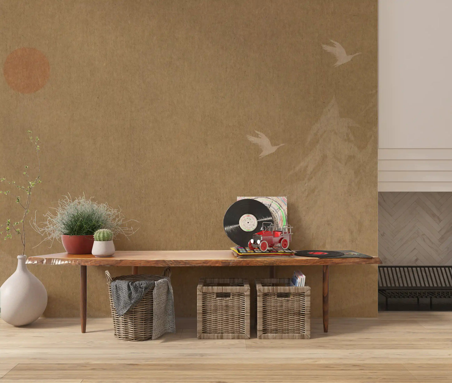 Minimalist Oriental Sun and Pine Trees Wall Mural