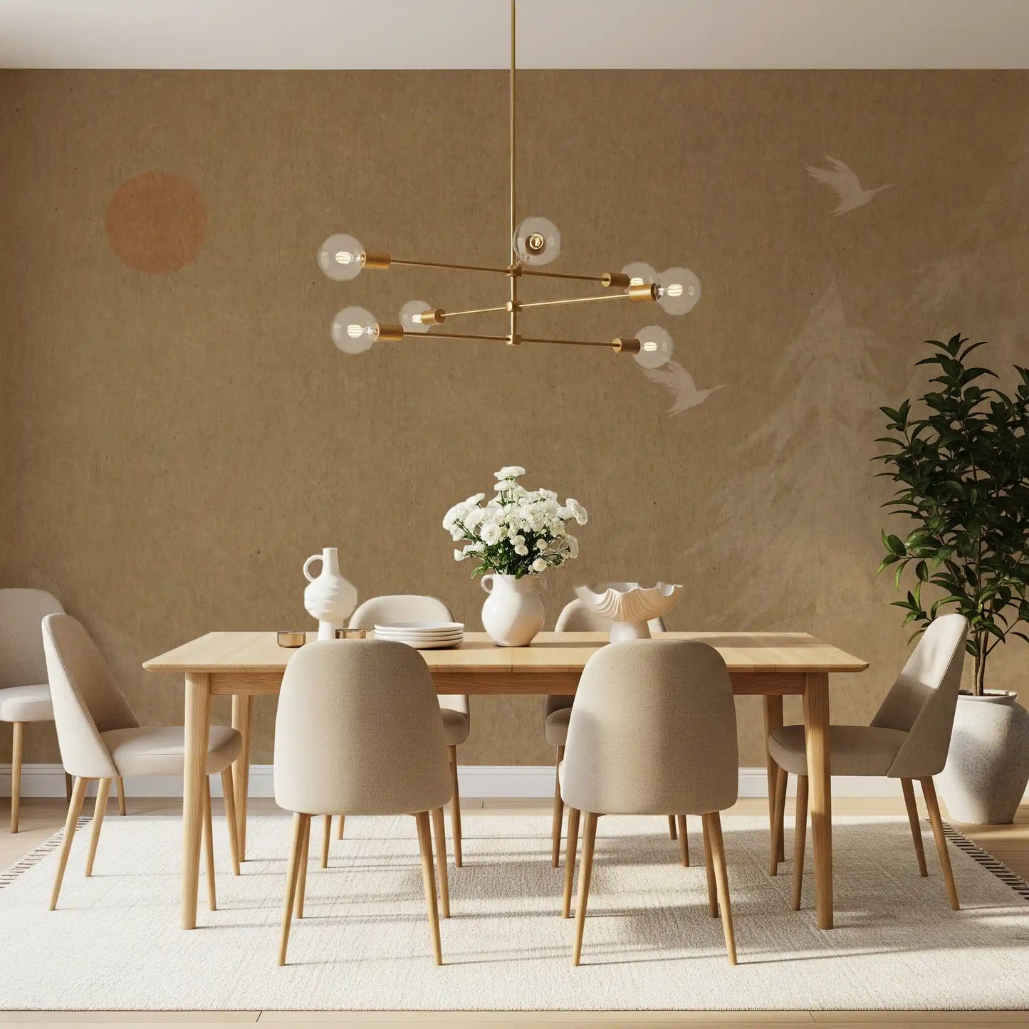 Minimalist Oriental Sun and Pine Trees Wall Mural
