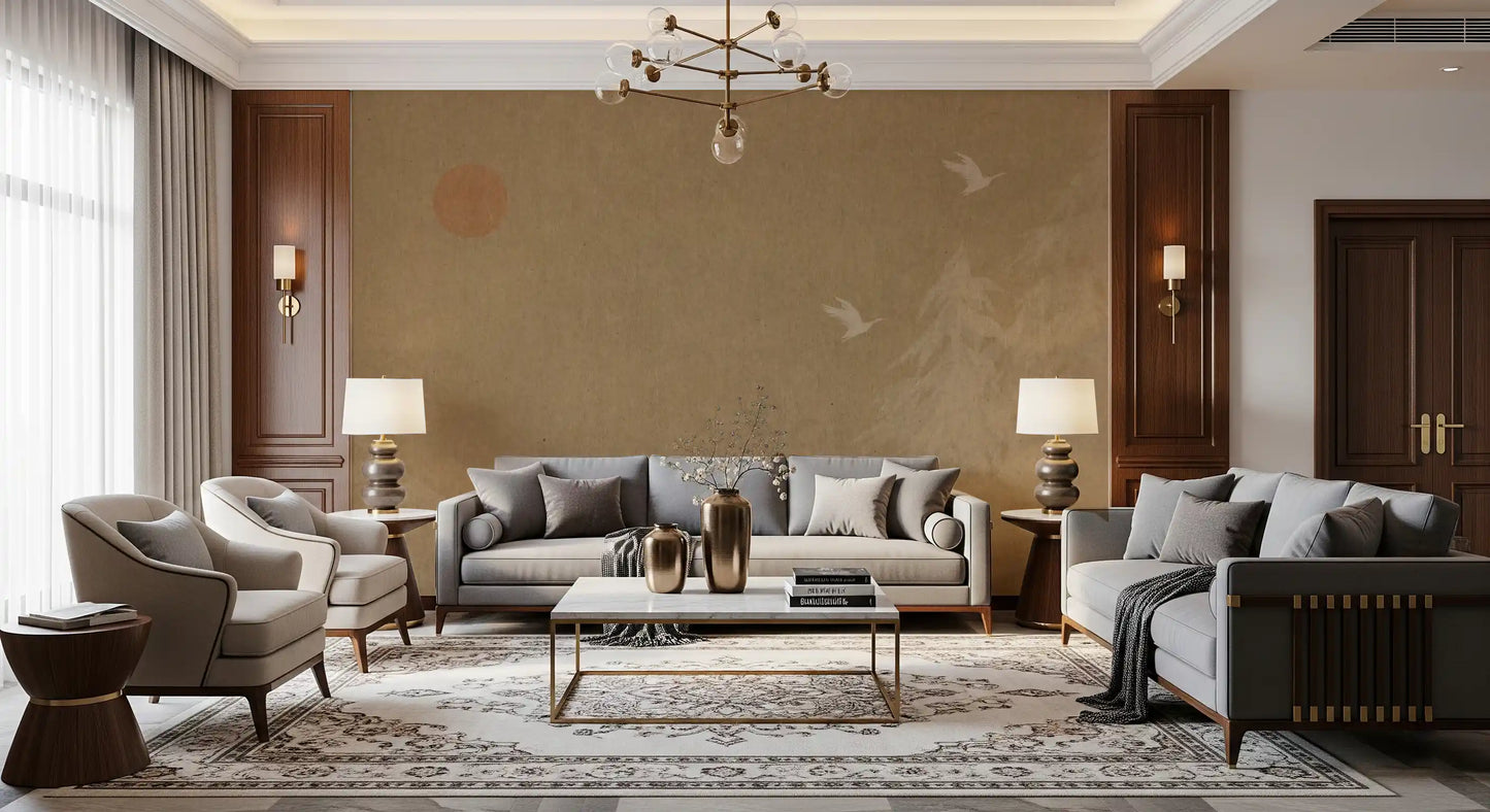 Minimalist Oriental Sun and Pine Trees Wall Mural