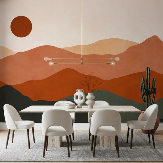 Ochre sun and hills on a wall mural set in a cosy Dining room, GD11018
