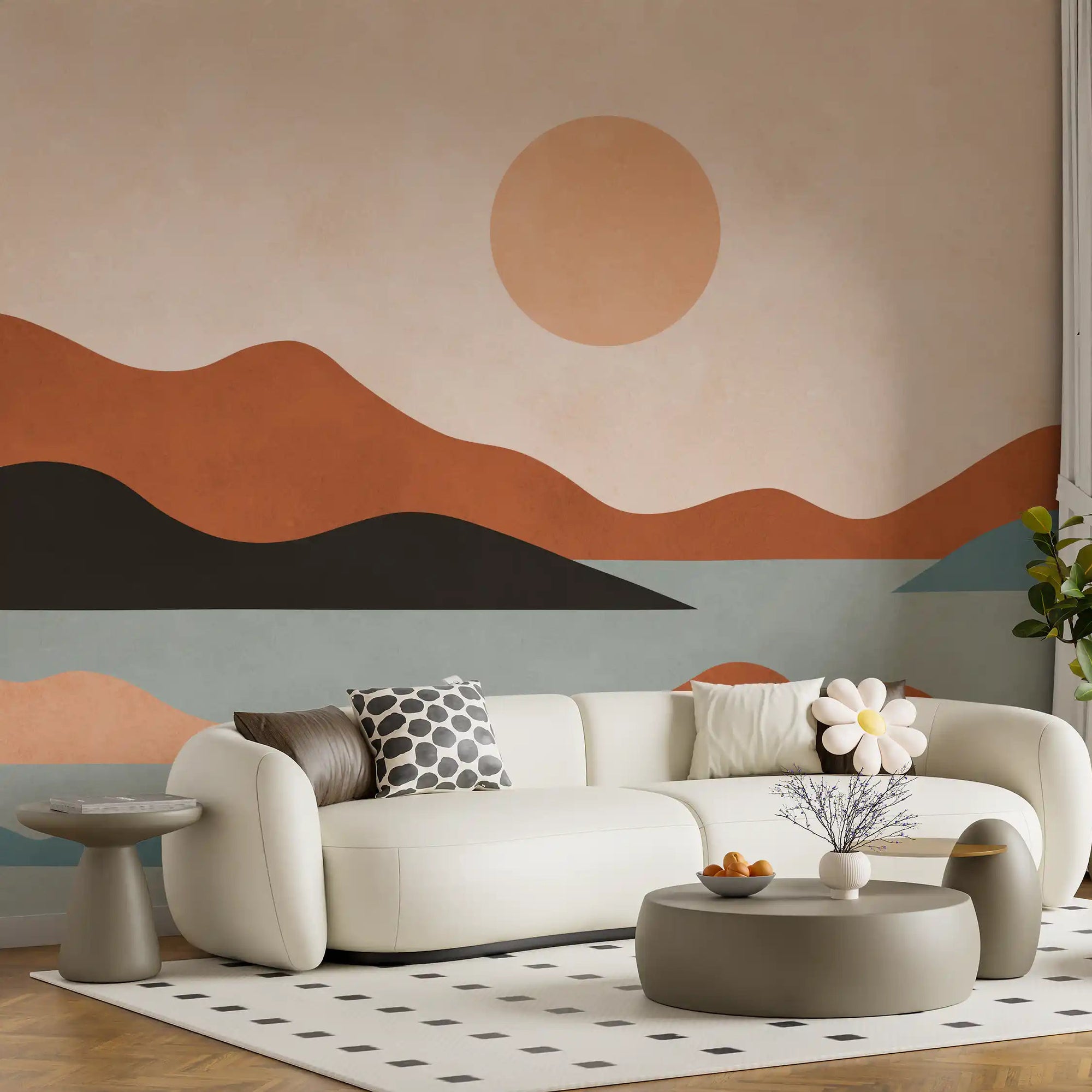 Earthy ridges wall mural spanning a calm living room, GD11020
