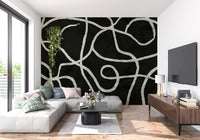 Minimalist Organic Ink Lines on Charcoal Wall Mural