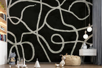 Minimalist Organic Ink Lines on Charcoal Wall Mural