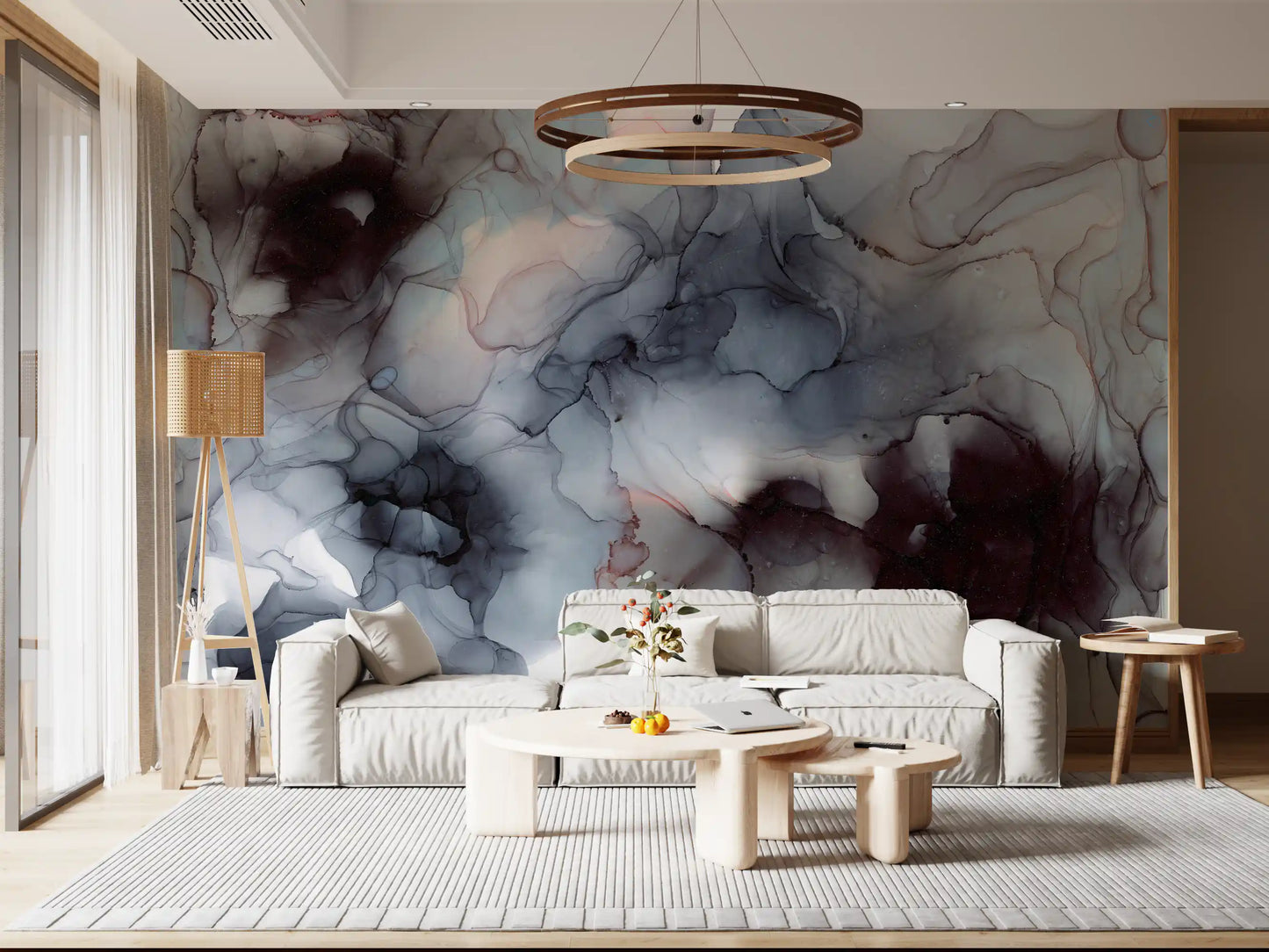 Flowing Obsidian and Blush Mist Wall Mural