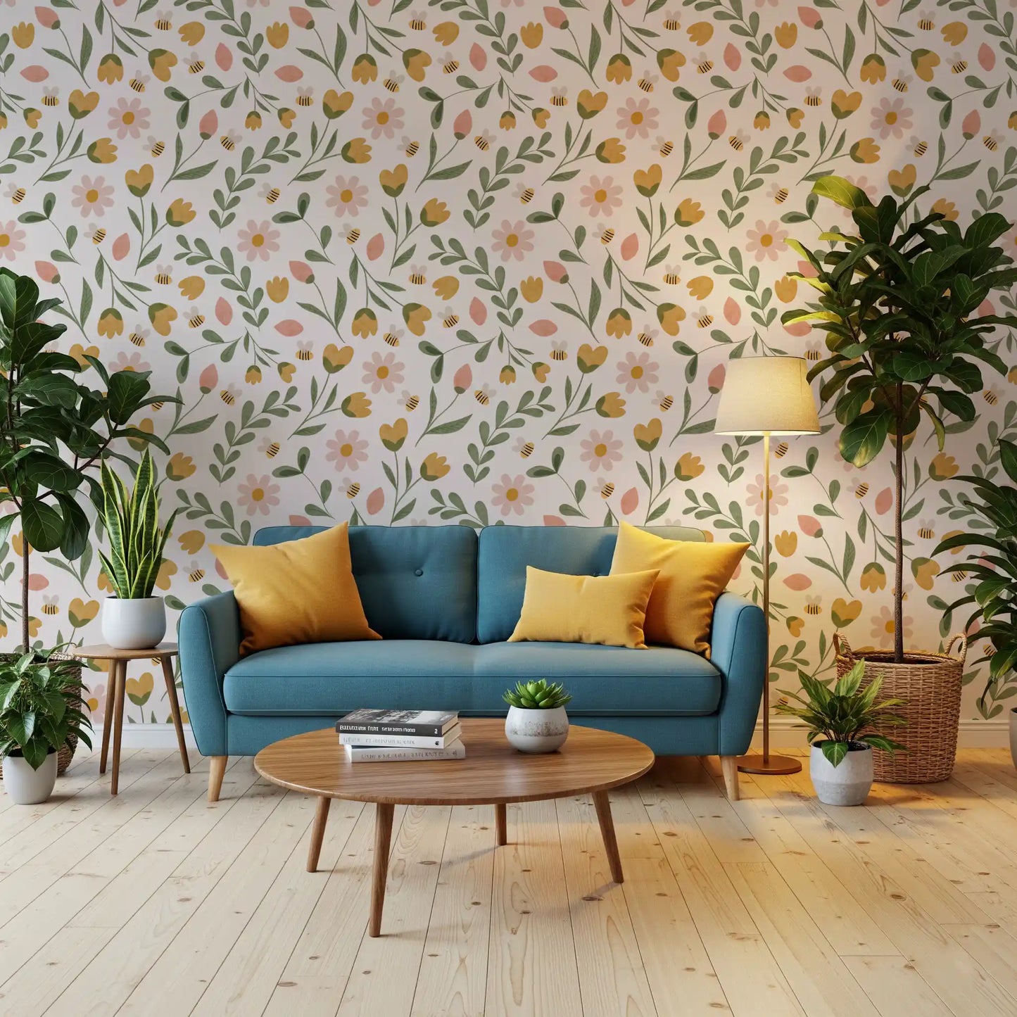 Whimsical Honeybee Meadow Pattern Wallpaper⁠