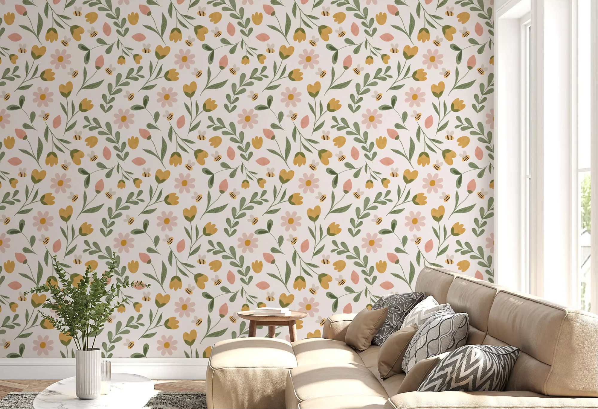 Whimsical Honeybee Meadow wallpaper cheers a living room with tulips GD11038
