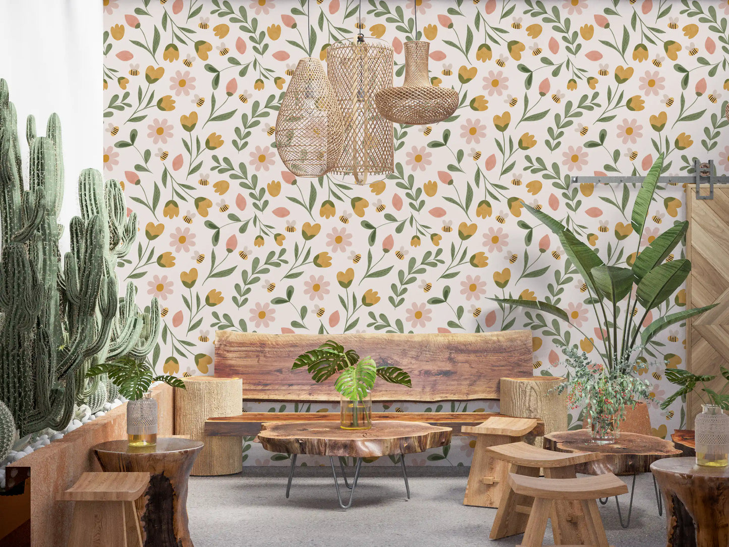 Whimsical Honeybee Meadow Pattern Wallpaper⁠