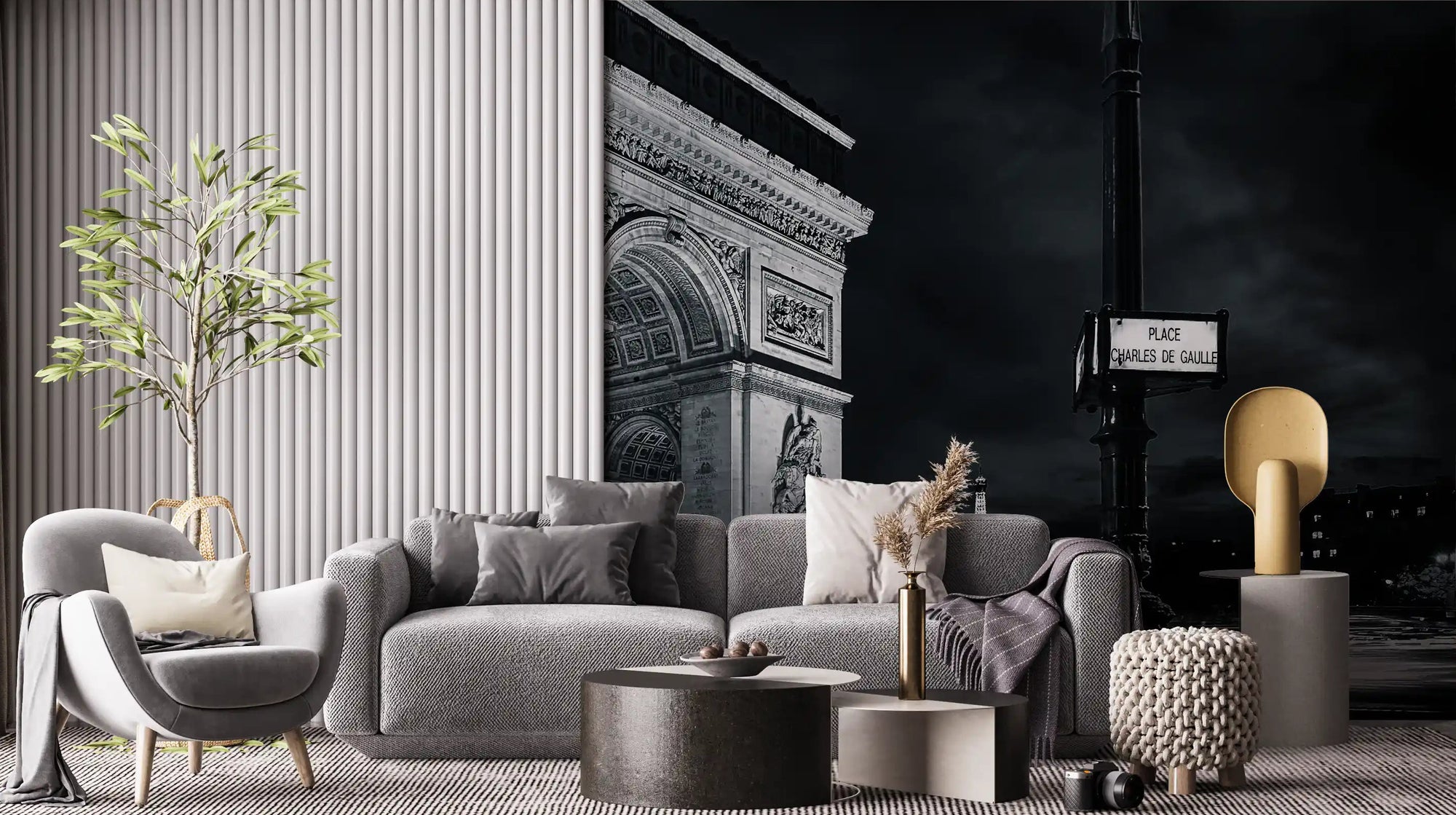 Paris archway glows behind a living room wall mural GD11039
