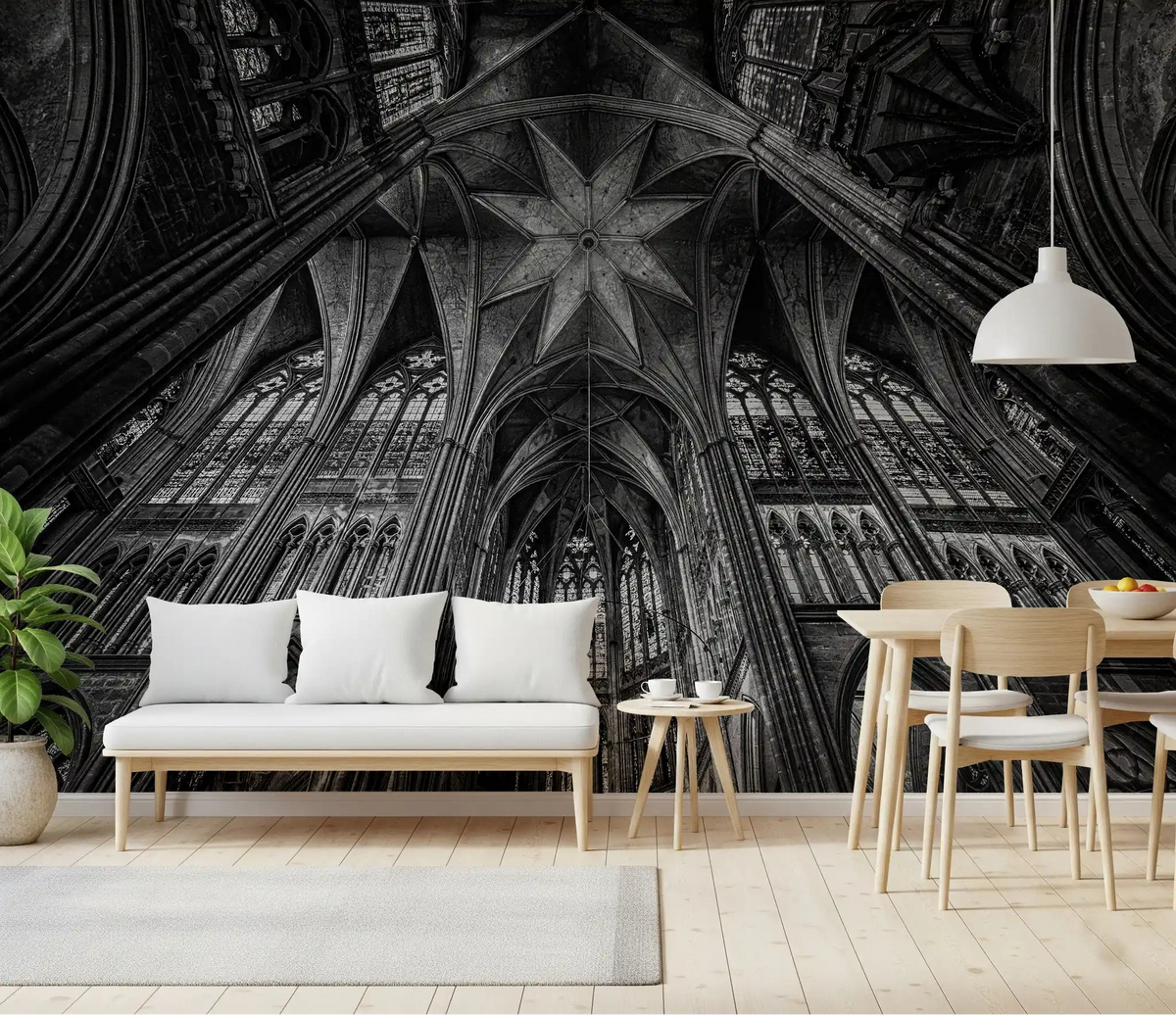 Gothic cathedral ceiling wall mural rising over a calm dining room, GD11045
