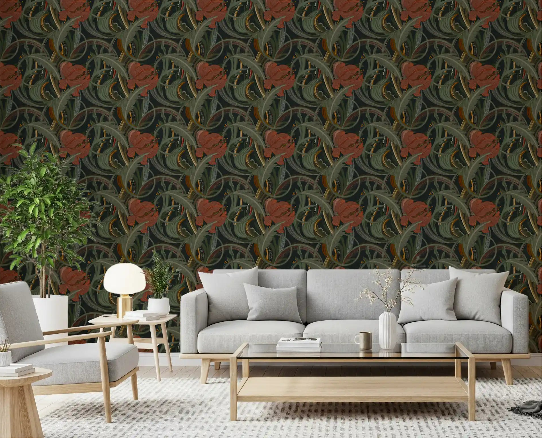 Rust lily blooms fill a living room feature in Midnight Garden wallpaper GD11047
