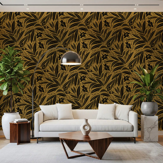 Golden botanical silhouette wallpaper filling a warm living room feature area GD11053