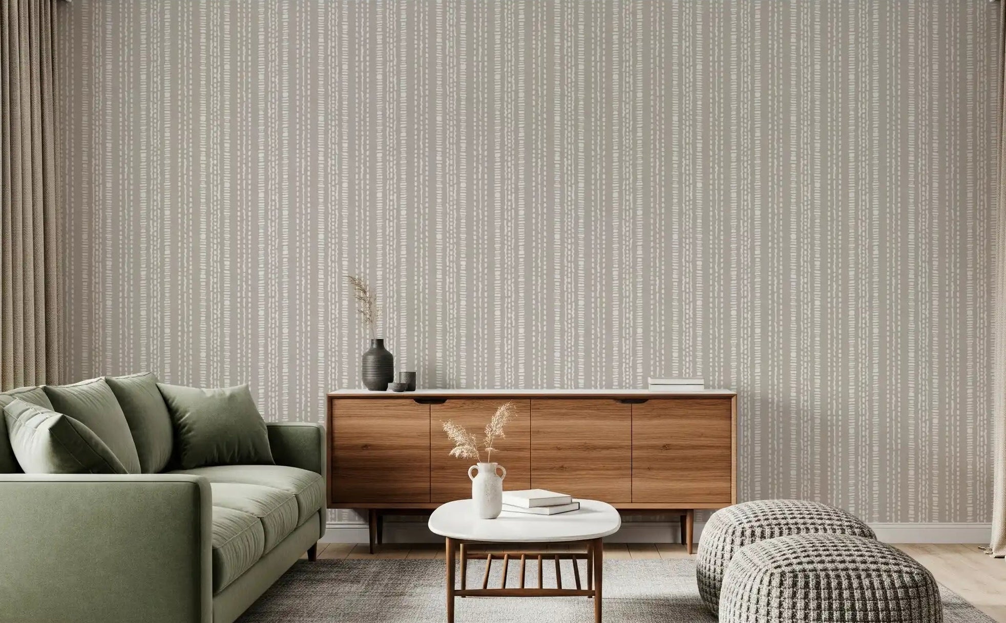 White vertical dashes behind a living room, earthy motif wallpaper, GD11062
