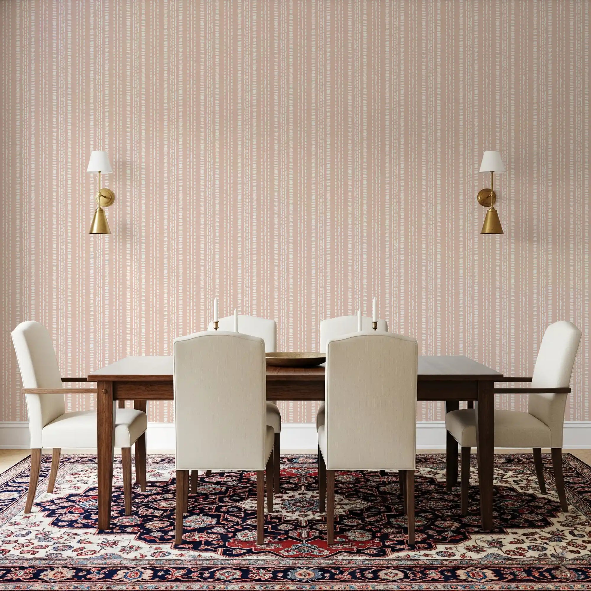 Minimalist Painted Vertical Stripe wallpaper warming a dining room in blush GD11063