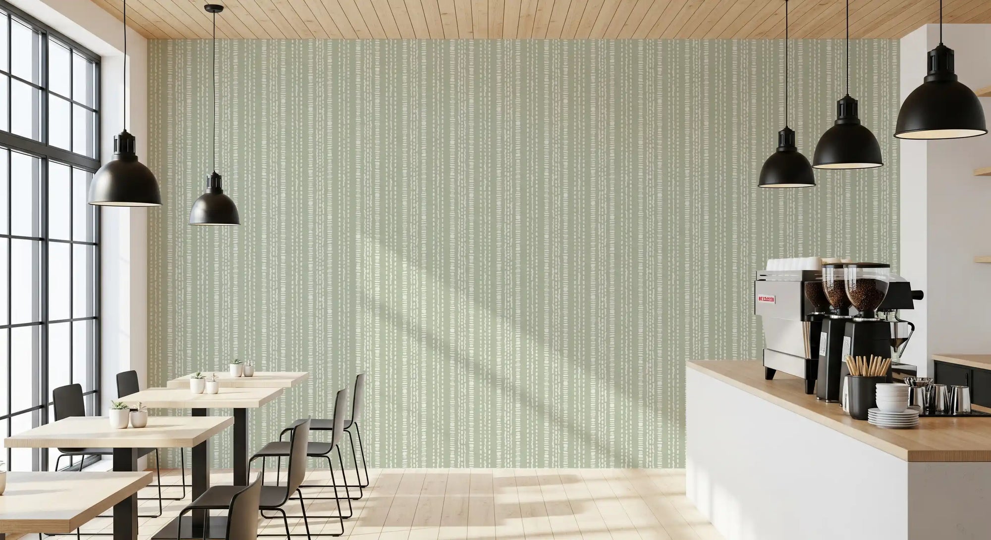 Sage dashed columns run behind a Café  in this Organic wallpaper GD11064
