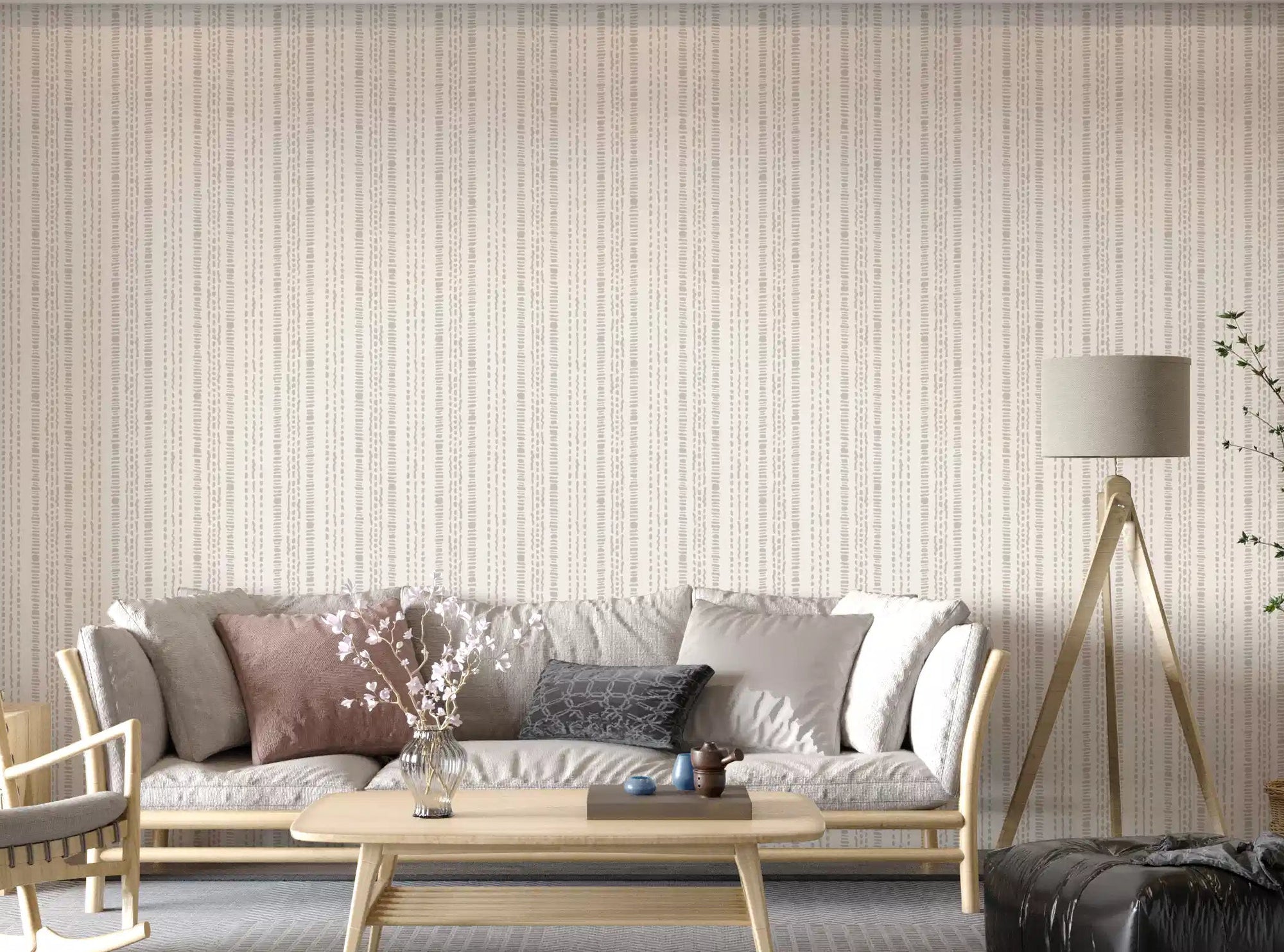 Stitched neutral stripe wallpaper lining a calm living room feature area GD11065