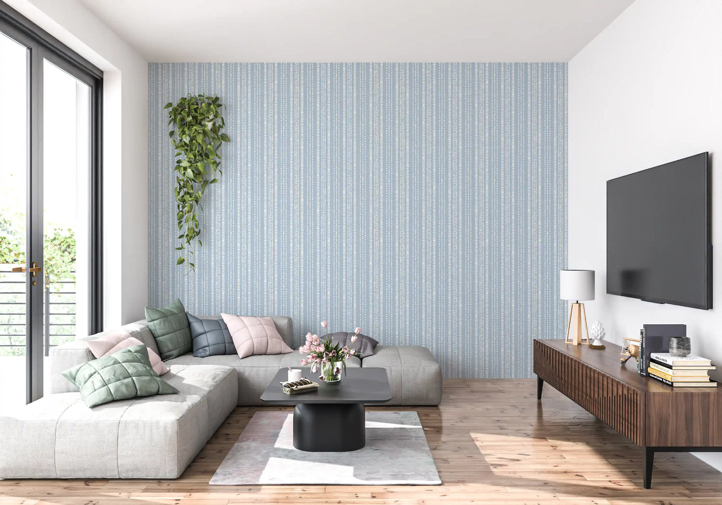 Cream and Indigo Linear Pattern Wallpaper⁠