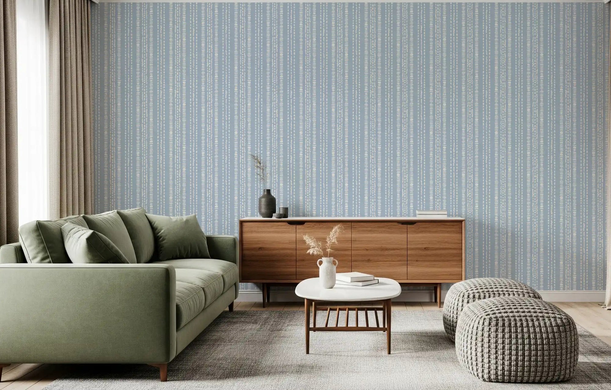 Cream and indigo linear pattern wallpaper running behind a living room setting, GD11066
