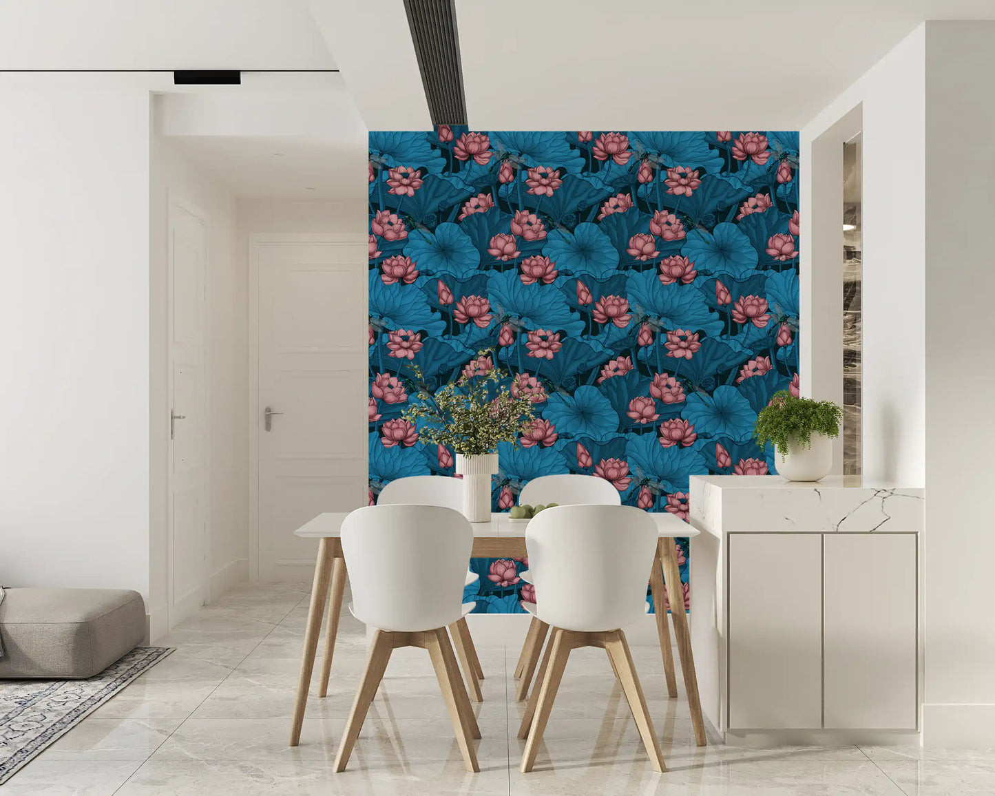 Zen Lotus Pond with Dragonflies in pink and blue Wallpaper⁠