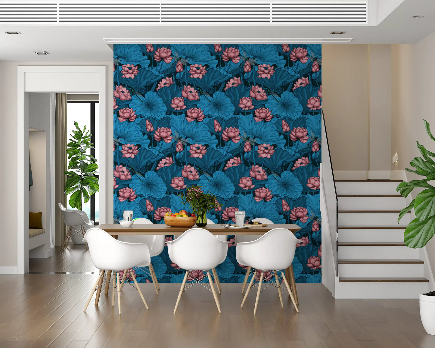 Zen Lotus Pond with Dragonflies in pink and blue Wallpaper⁠