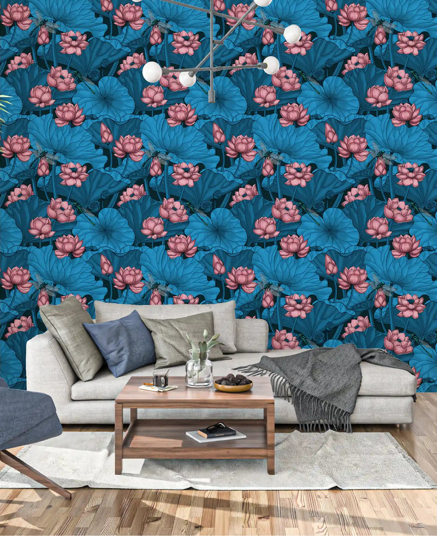 Zen Lotus Pond wallpaper spreading blue and pink across a living room, GD11068
