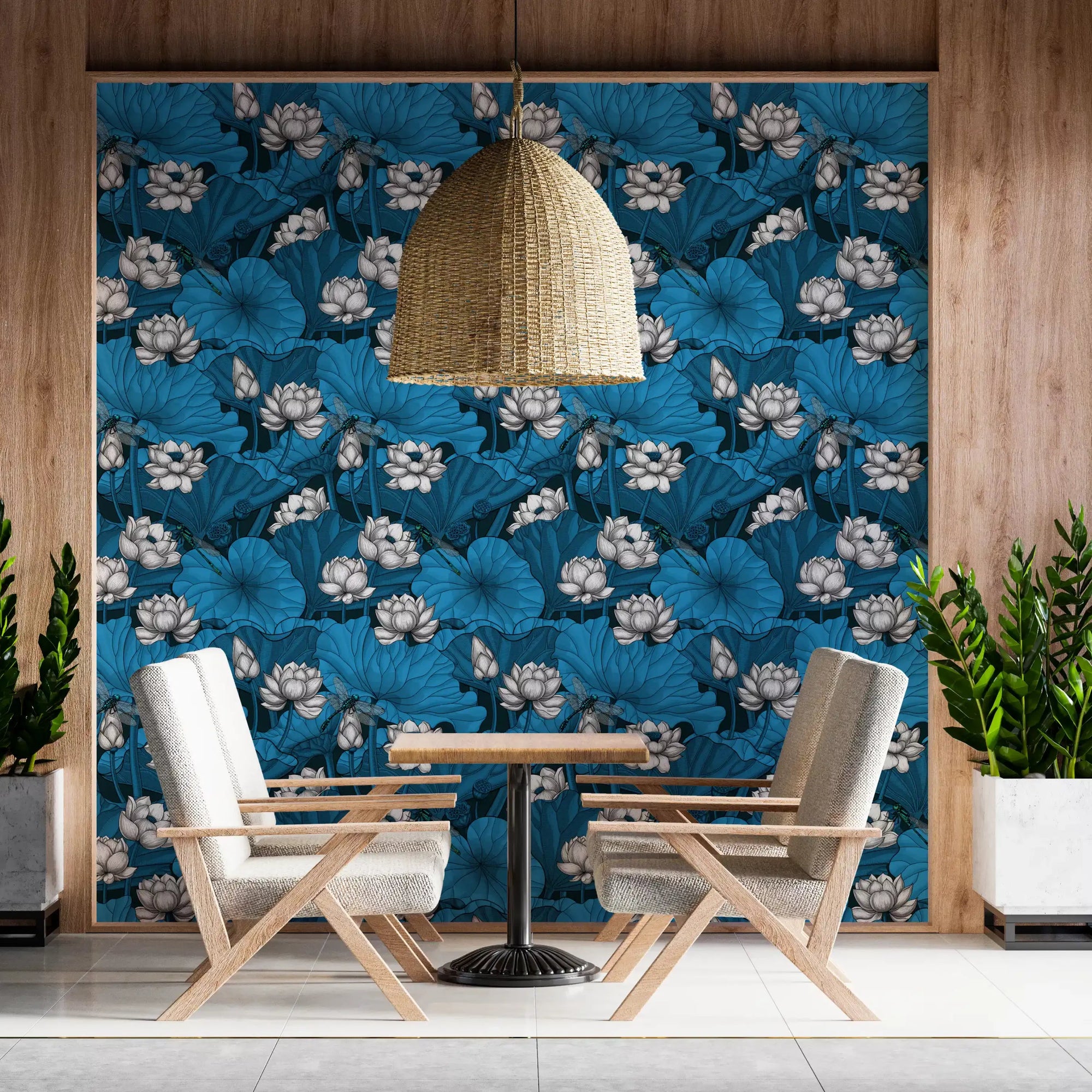 Blue lotus wallpaper adding a calm feature to a bright dining room GD11069
