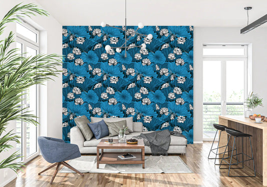 Zen Lotus Pond with Dragonflies in white and blue Wallpaper⁠