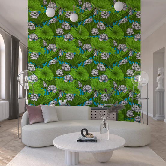 Green lotus pond wallpaper spreading a fresh mood through a living room, GD11070
